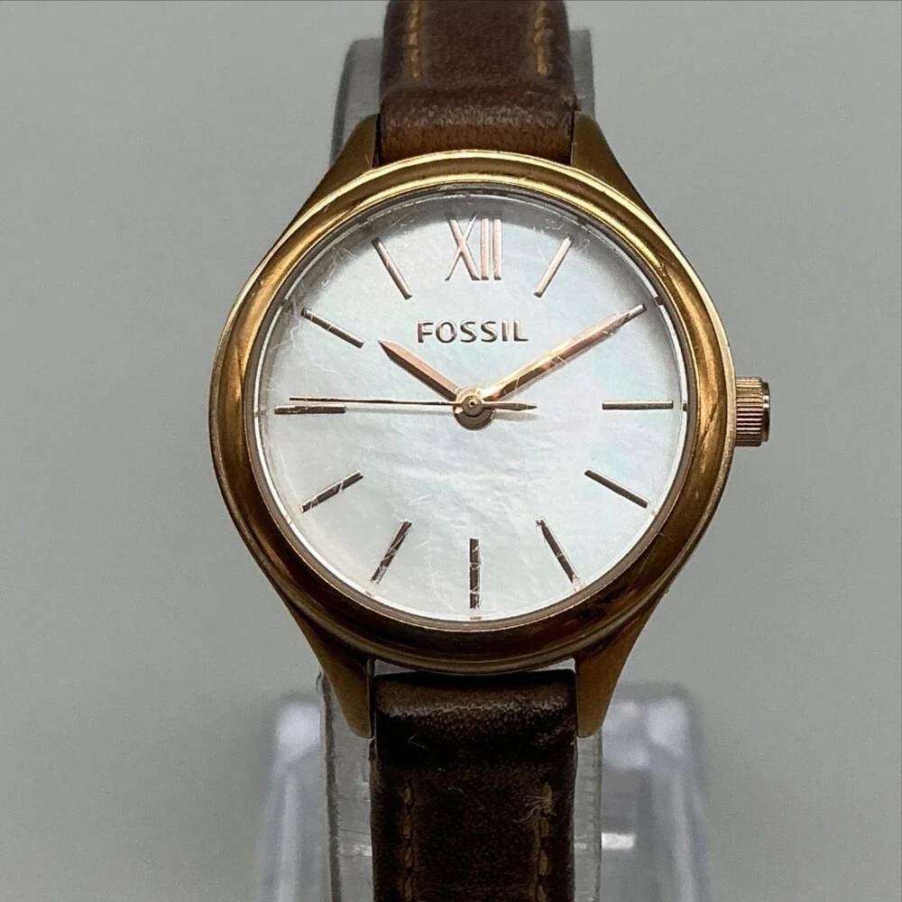 Fossil BQ1374 Womens Watch 26mm MOP Dial Brown Leather Gold Tone New Battery